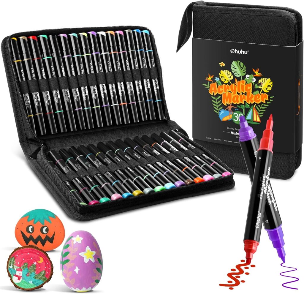 Ohuhu 30 Colors Acrylic Paint Pens : Dual Tips (Round  Fine) Acrylic Markers High Opacity Paint Markers Waterproof Lightfast for Rock Painting Easter Eggs Wood Glass Ceramic Canvas