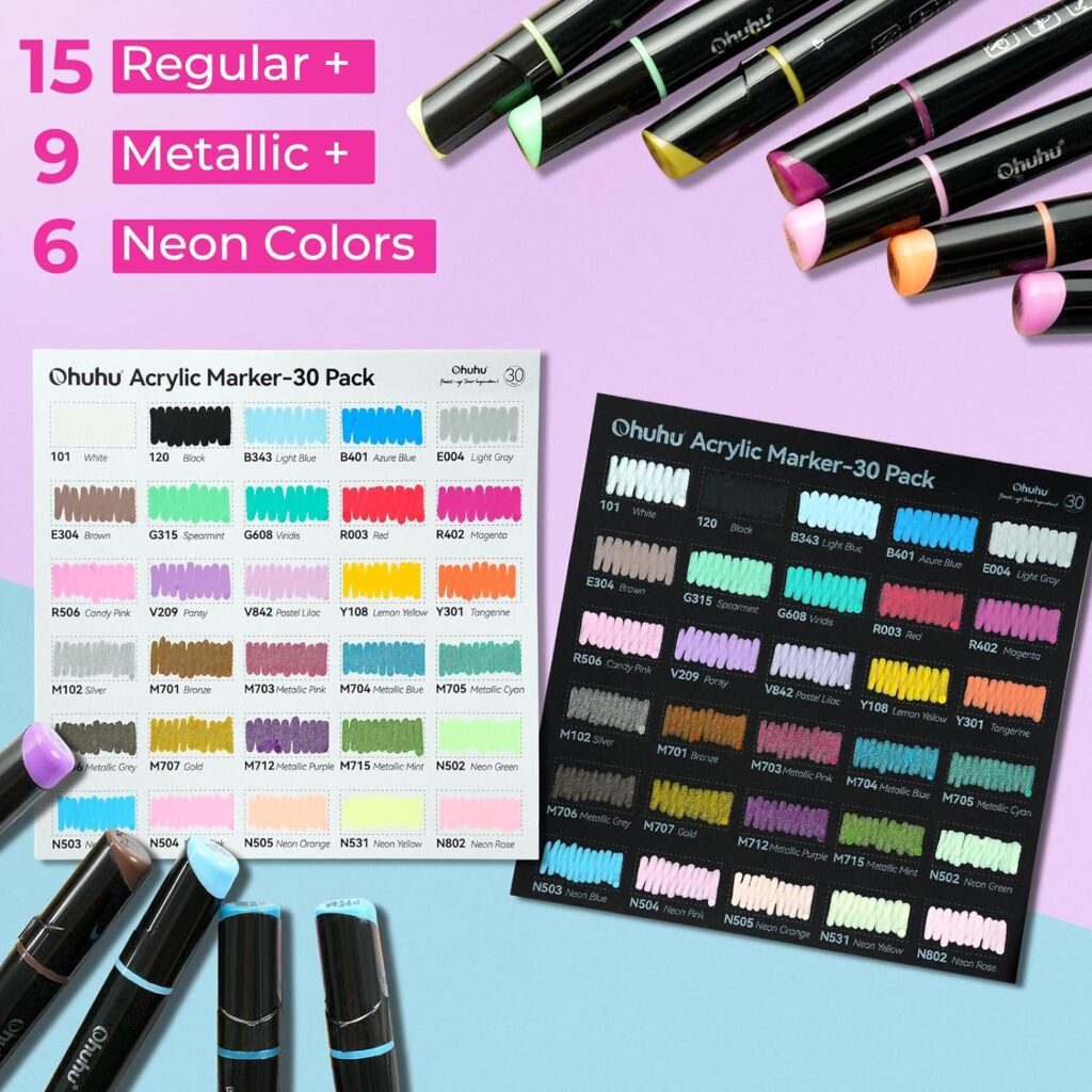 Ohuhu 30 Colors Acrylic Paint Pens : Dual Tips (Round  Fine) Acrylic Markers High Opacity Paint Markers Waterproof Lightfast for Rock Painting Easter Eggs Wood Glass Ceramic Canvas