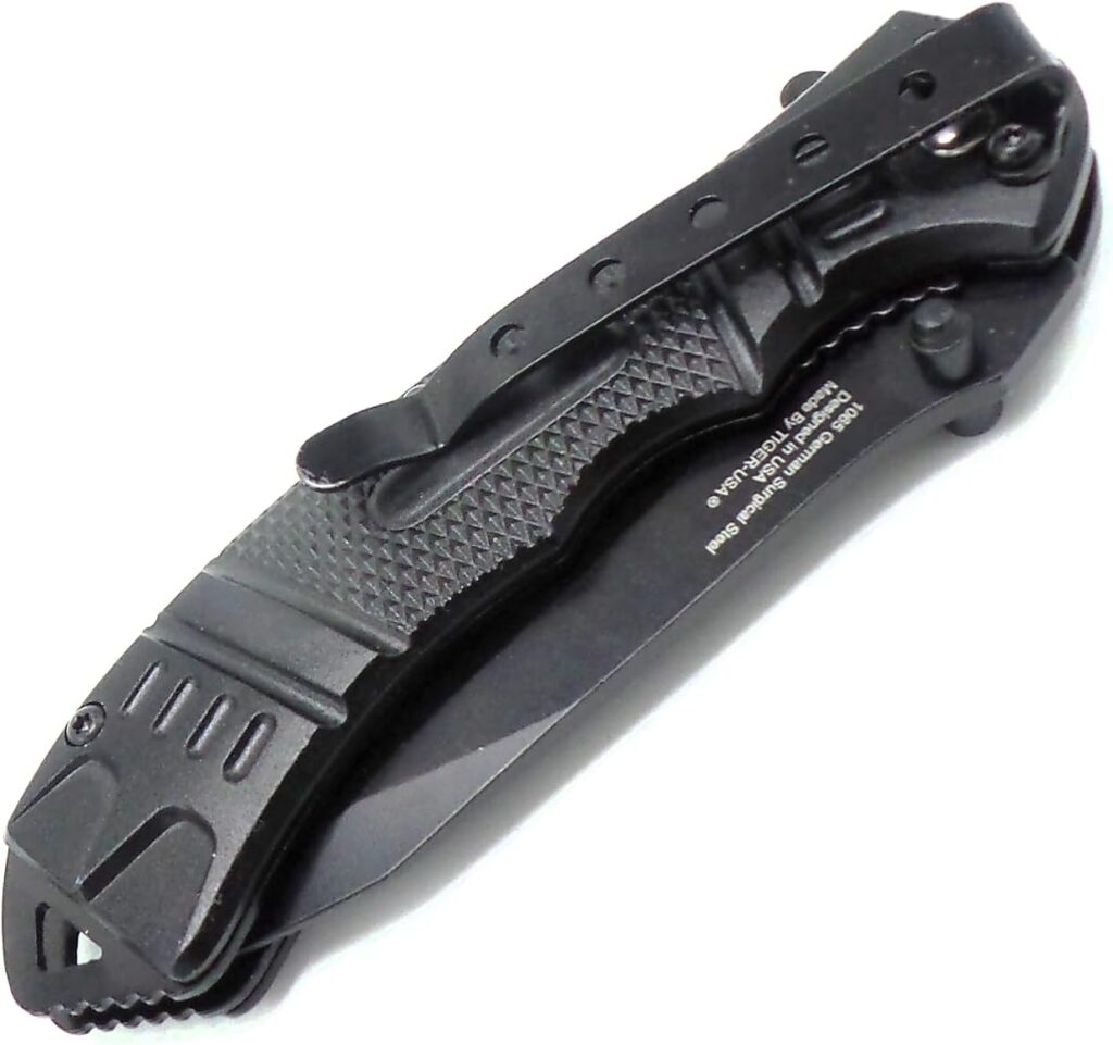 8 Inch Spring Assisted Foldable EDC Pocket Knife, w/Belt Clip German Surgical Steal DP Blade Everyday-Hunting-Fishing-Rescue-Tactical (Black)