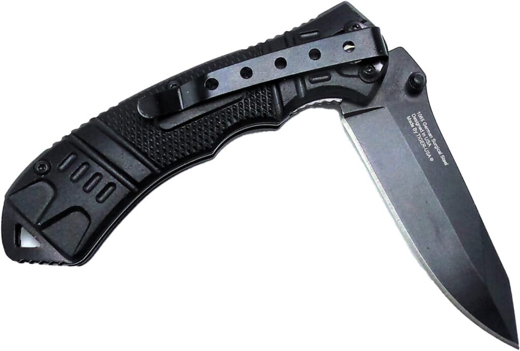 8 Inch Spring Assisted Foldable EDC Pocket Knife, w/Belt Clip German Surgical Steal DP Blade Everyday-Hunting-Fishing-Rescue-Tactical (Black)