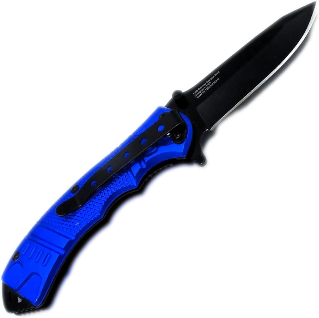 8 Inch Spring Assisted Foldable EDC Pocket Knife, w/Belt Clip German Surgical Steal DP Blade Everyday-Hunting-Fishing-Rescue-Tactical (Black)