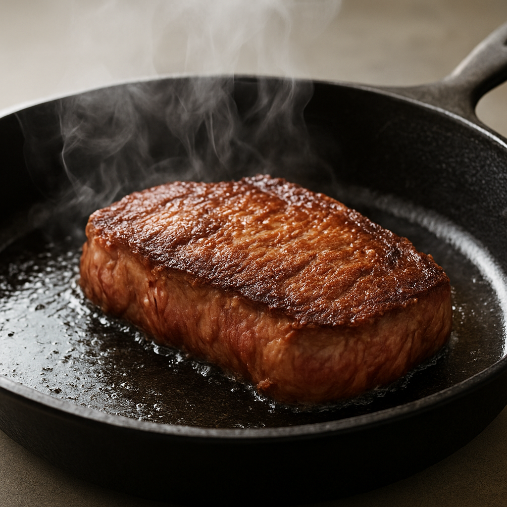Steak searing in a Lodge cast iron skillet demonstrating heat retention