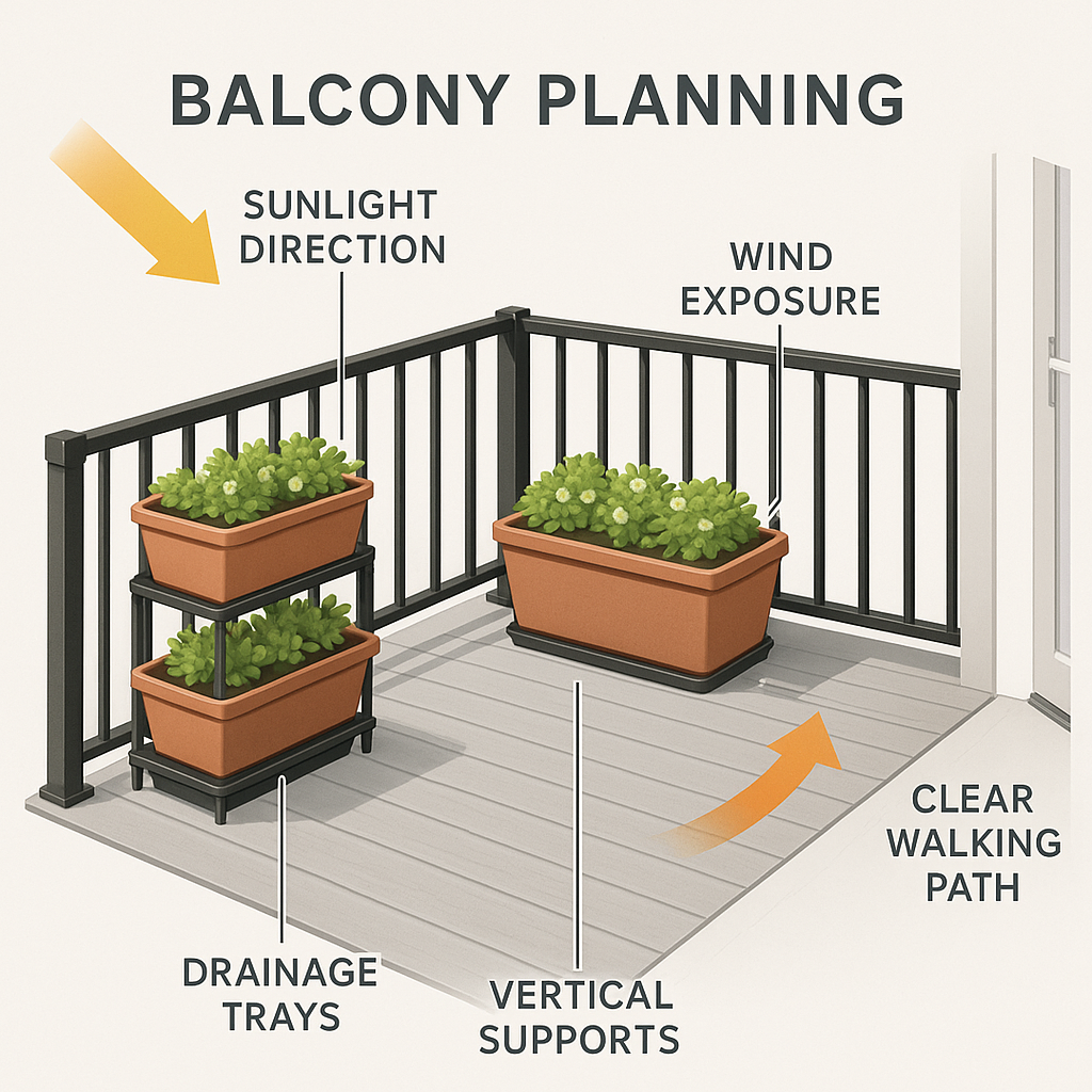 Balcony vegetable garden supplies and safe container placement diagram