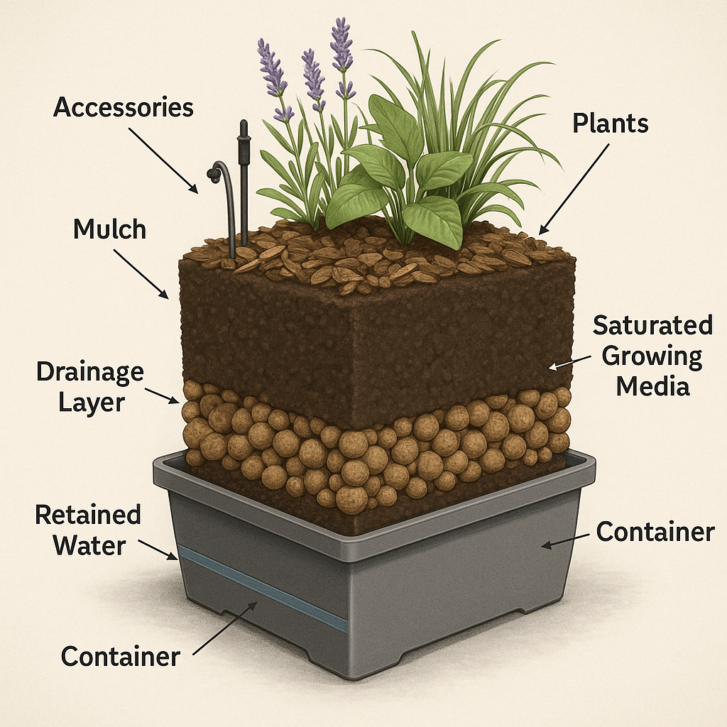 rooftop garden planter weight components including saturated soil and retained water