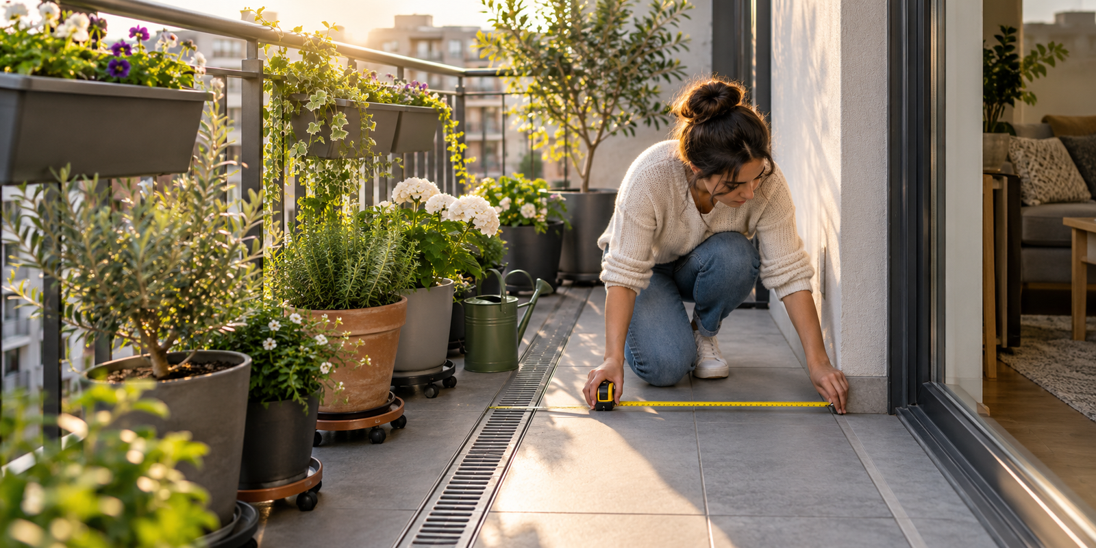 Renter-friendly apartment balcony garden setup with lightweight containers and clear walking space