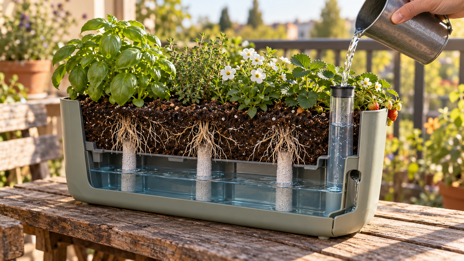 How the water reservoir and wicking system work in a self-watering balcony planter