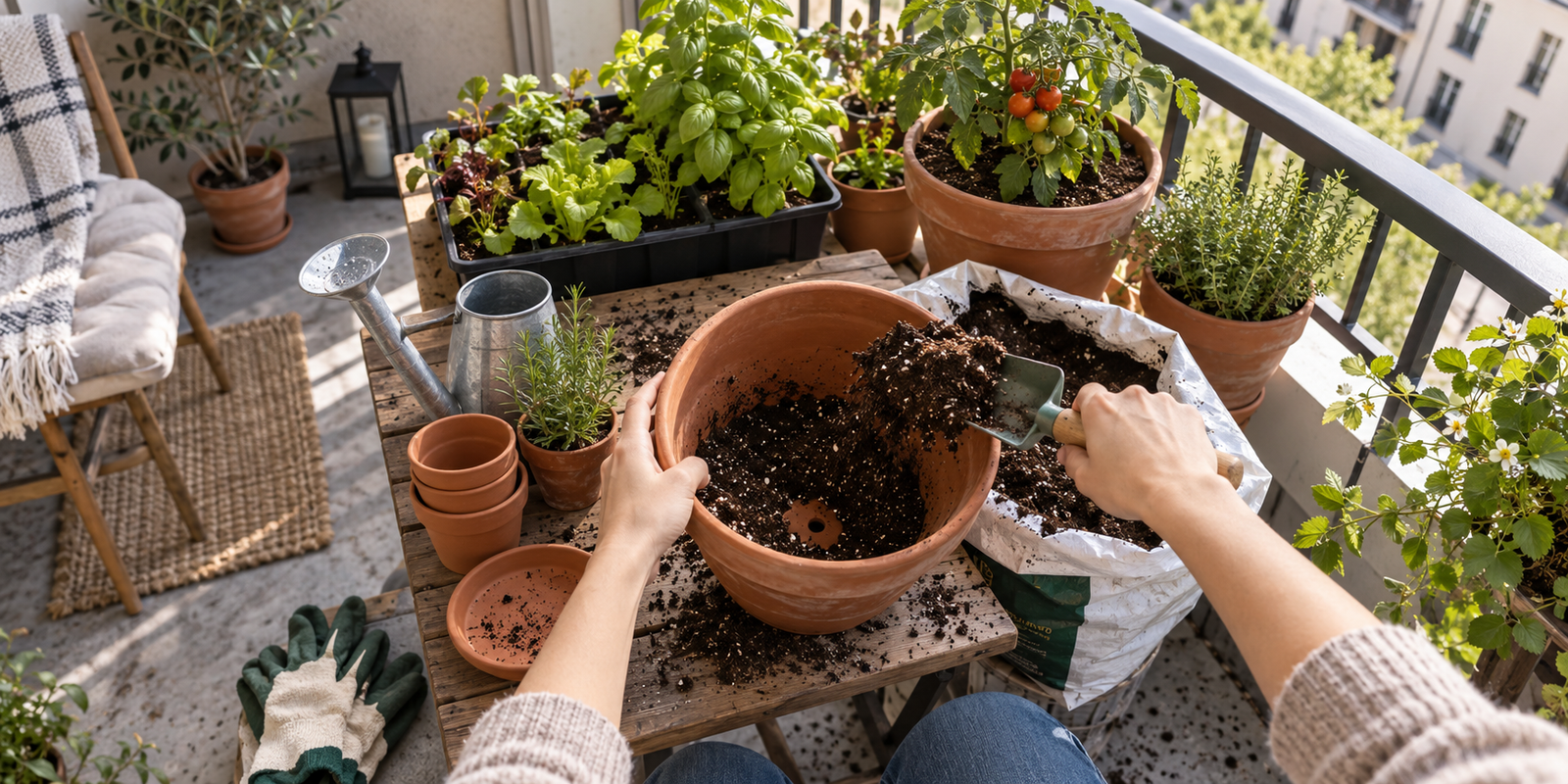 container setup for shade tolerant vegetables in a low light balcony garden