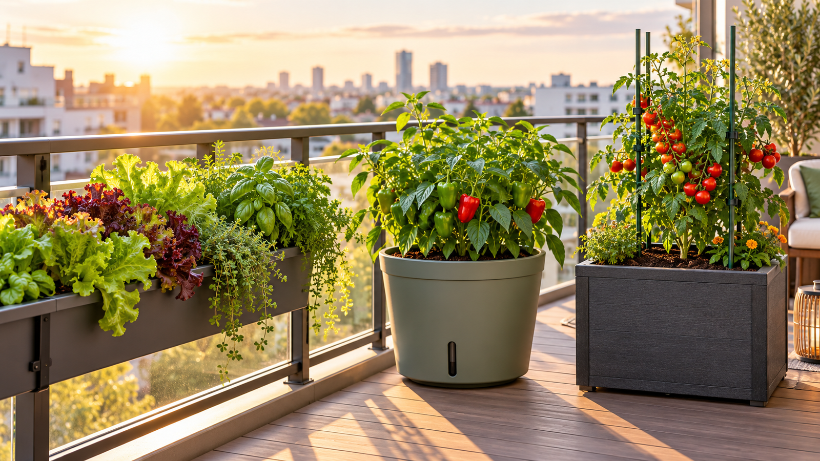 Crop-to-container sizing chart for balcony vegetables in self-watering planters