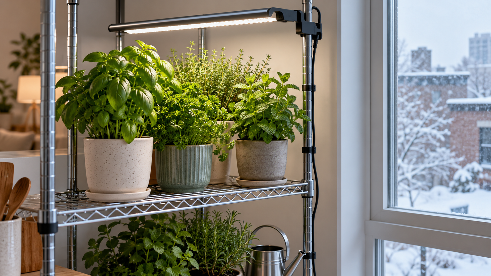 grow light placement for herbs indoors in winter with timer and rotating containers