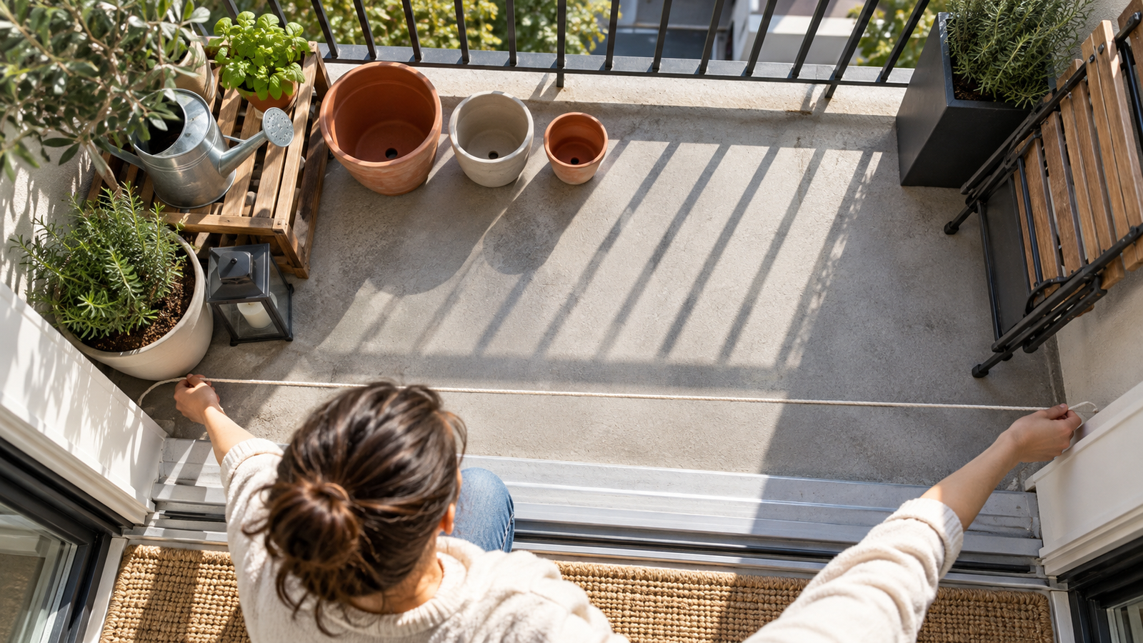 top-down showing walkway and container zones on a balcony